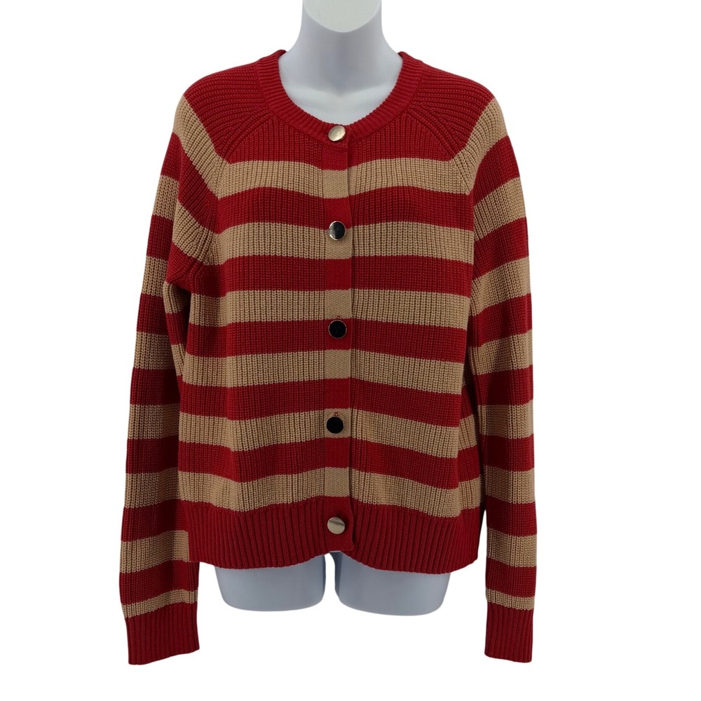 Market & Spruce Cotton Blend Striped Cardigan Sweater Red Tan Women Medium